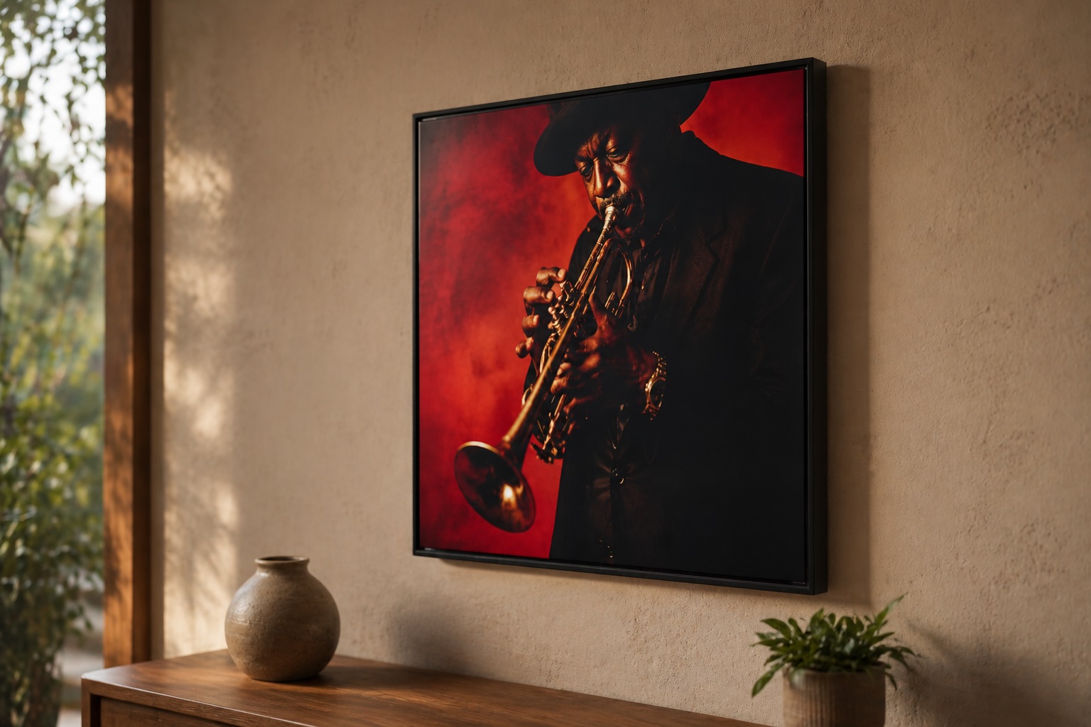 MUSEE display showing album artwork on a wall above a credenza with vinyl and a stoneware vase.